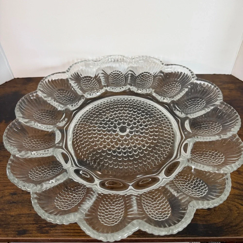 Vintage Clear Glass Deviled Egg Platter Hobnail Scalloped Shell 15 Slot Tray